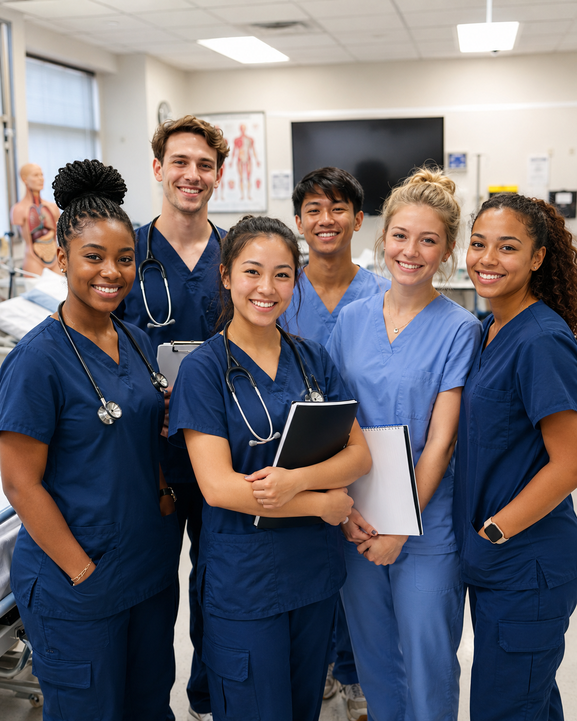 Diverse group of nursing students in a clinical training room