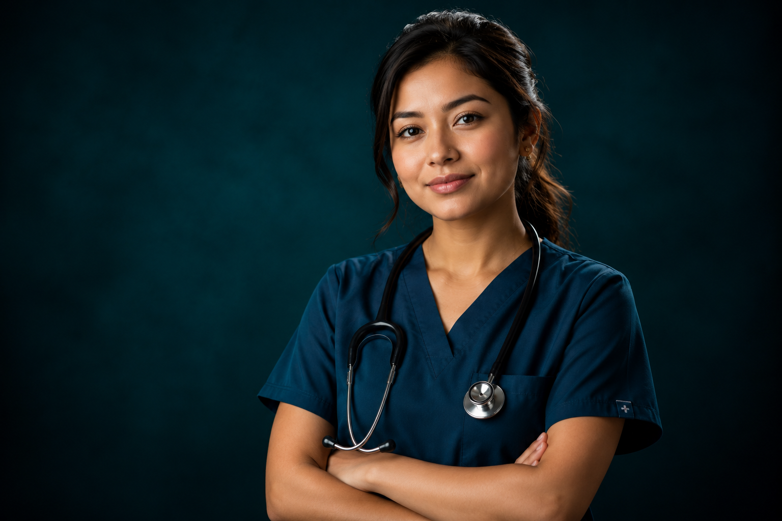 Registered nurse in navy scrubs, ready for direct-hire placement